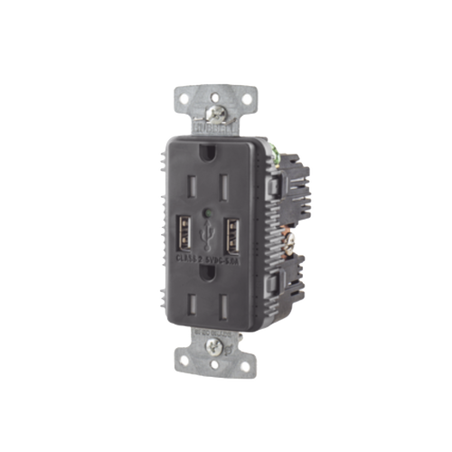 Contacto Dúplex con 2 Puertos USB, 15A 125V, 2 Polos, 3 Hilos, Color Negro.