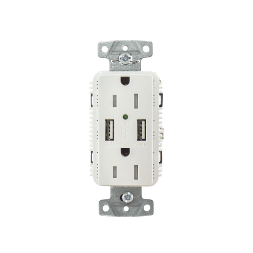 Contacto Dúplex con 2 Puertos USB, 15A 125V, 2 Polos, 3 Hilos, Color Blanco.