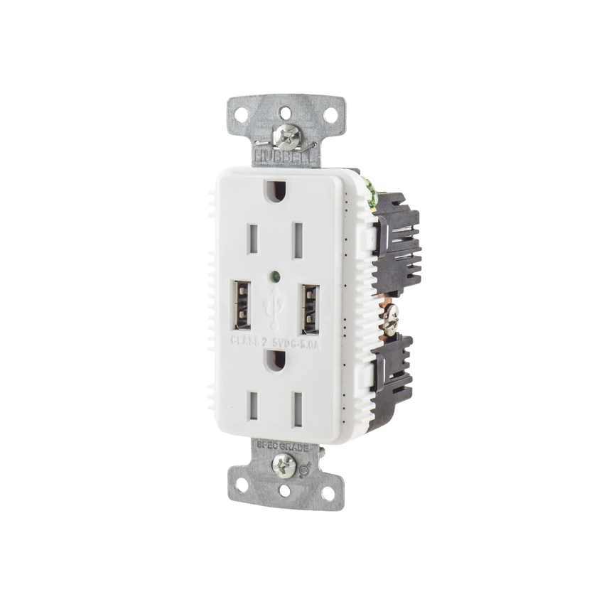 Contacto Dúplex con 2 Puertos USB, 15A 125V, 2 Polos, 3 Hilos, Color Blanco.