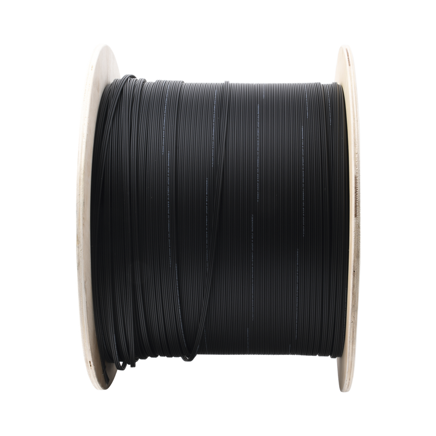 Carrete de 1 km de Fibra Óptica Aérea Mini Figura 8 G.657A2 Tipo Drop, Monomodo de 2 Hilos (Bifibra), Diseñada para Fusionarse, Color Negro, Span 80, (No Soporta Conectores Mecánicos)