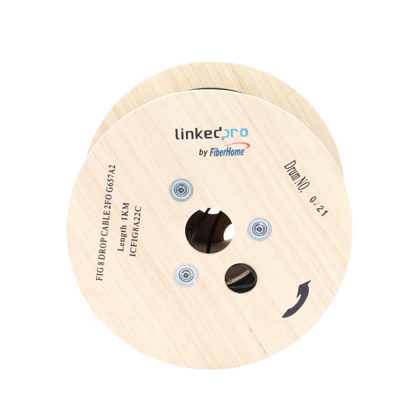 Carrete de 1 km de Fibra Óptica Aérea Mini Figura 8 G.657A2 Tipo Drop, Monomodo de 2 Hilos (Bifibra), Diseñada para Fusionarse, Color Negro, Span 80, (No Soporta Conectores Mecánicos)