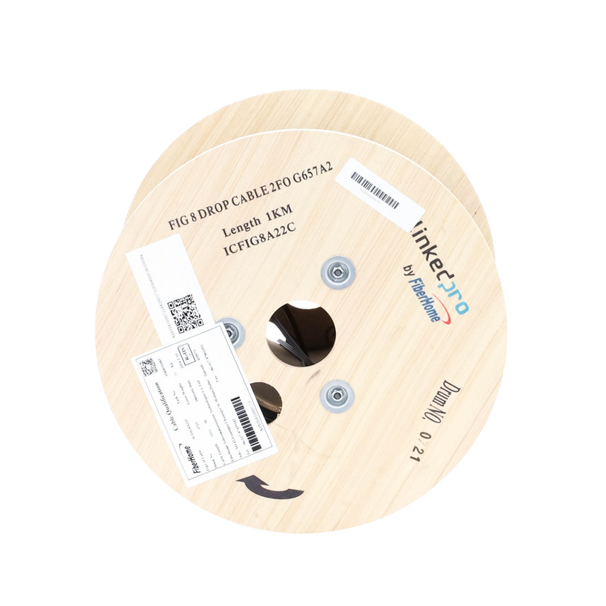 Carrete de 1 km de Fibra Óptica Aérea Mini Figura 8 G.657A2 Tipo Drop, Monomodo de 2 Hilos (Bifibra), Diseñada para Fusionarse, Color Negro, Span 80, (No Soporta Conectores Mecánicos)