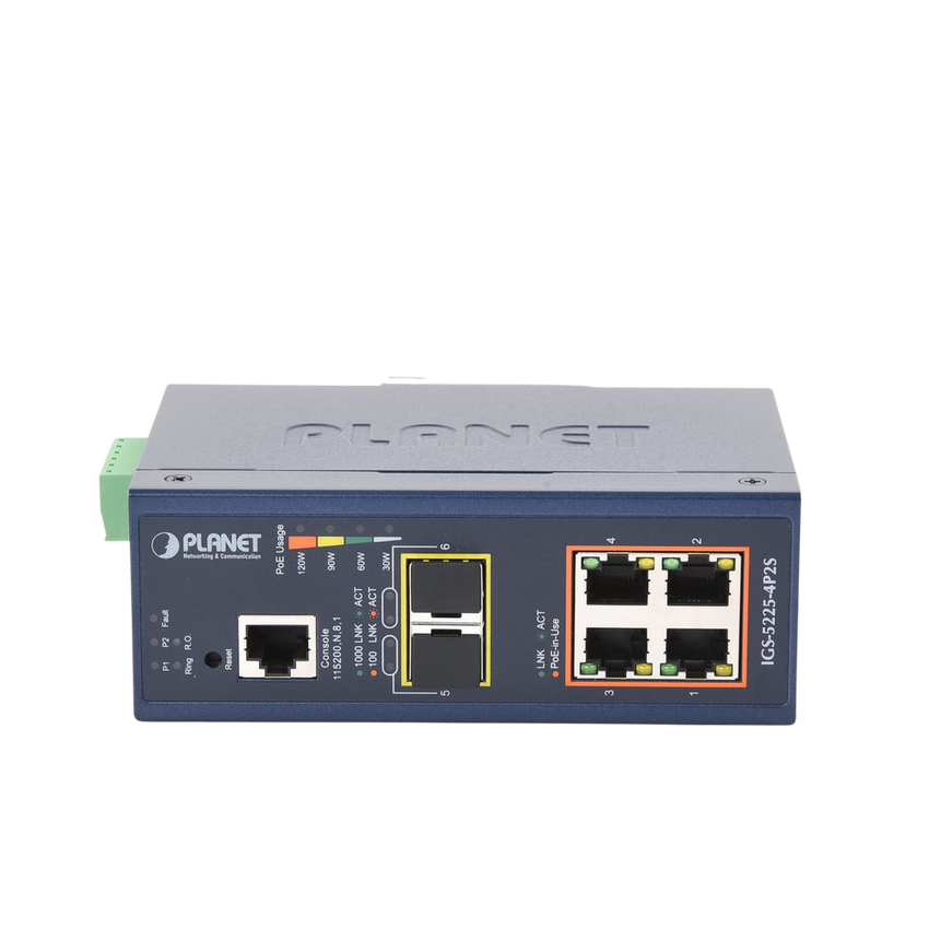Switch Industrial Administrable Capa 2, 4 Puertos PoE 802.3af/at 10/100/1000T, 2 Puertos SFP 100/1000X
