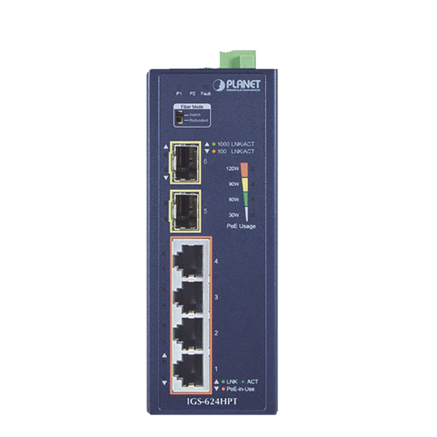 Switch PoE Industrial No Administrable de 4 Puertos PoE 10/100/1000T 802.3at, 2 Puertos SFP 10/1000X