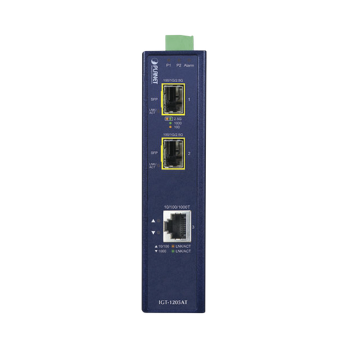 Convertidor de Medios Industrial de 1 Puerto Ethernet 10/100/1000 Base-T a 2 Puertos SFP 100/1000/2500 Base-X