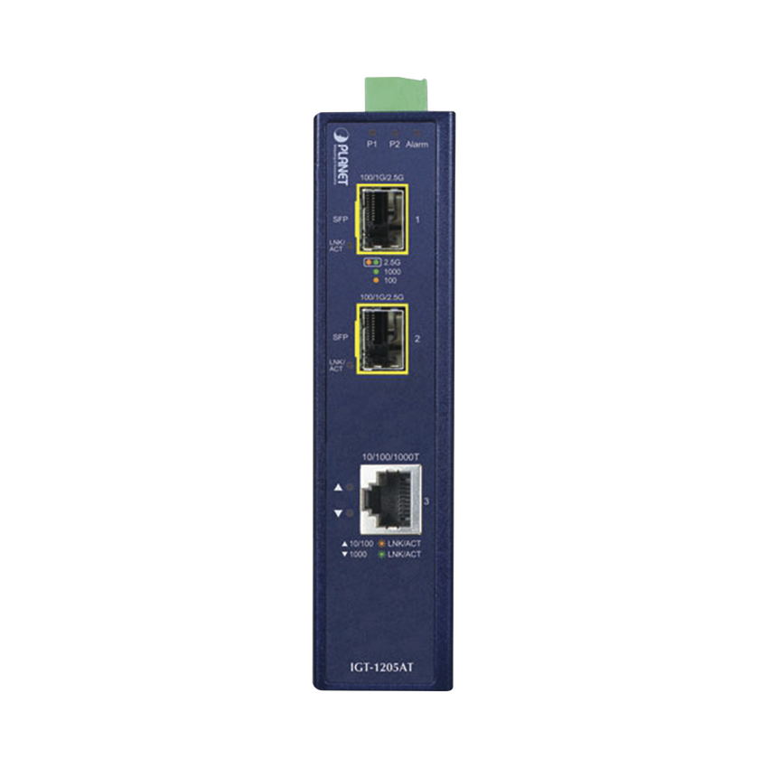 Convertidor de Medios Industrial de 1 Puerto Ethernet 10/100/1000 Base-T a 2 Puertos SFP 100/1000/2500 Base-X