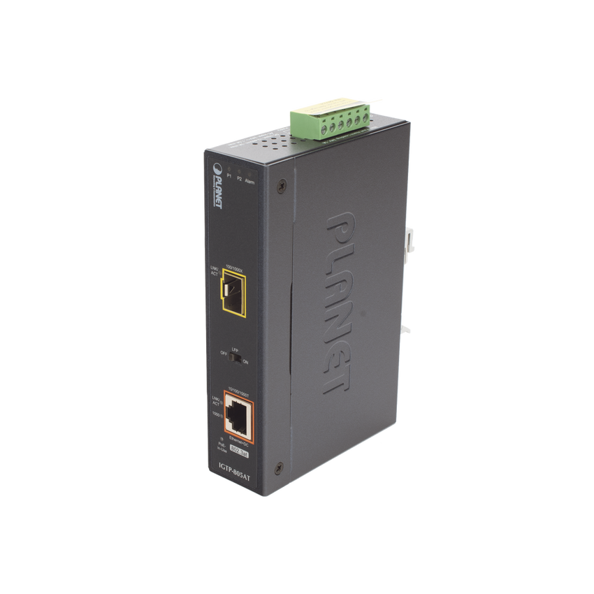 Convertidor de Medios PoE Industrial, Puerto SFP 1000BASE-SX/LX a Puerto RJ45 Gigabit con Salida PoE 802.3at (Hasta 30 W).