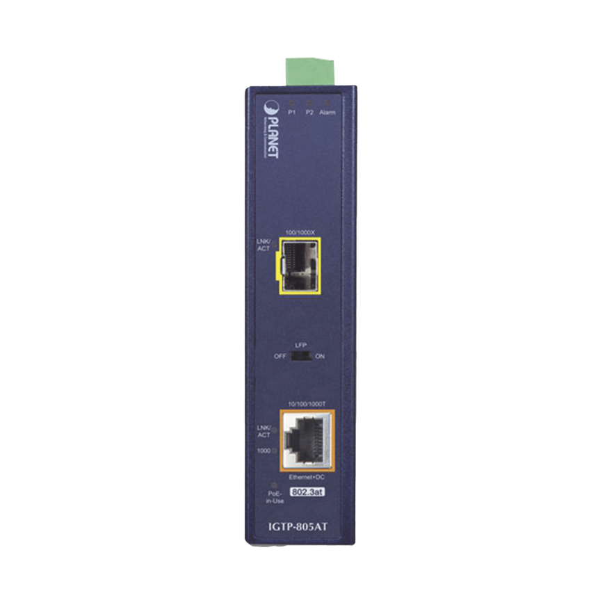 Convertidor de Medios PoE Industrial, Puerto SFP 1000BASE-SX/LX a Puerto RJ45 Gigabit con Salida PoE 802.3at (Hasta 30 W).