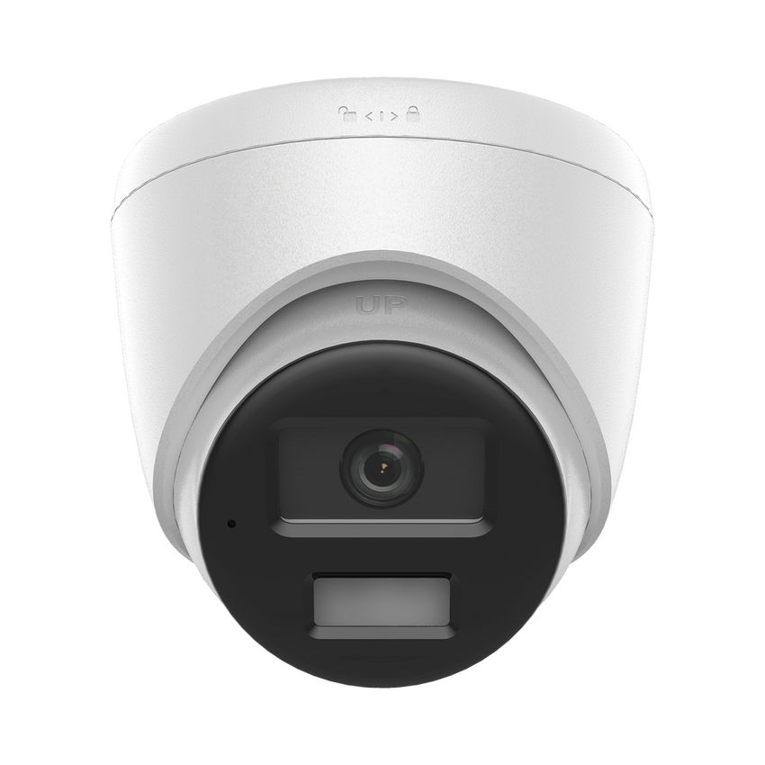 [Dual Light] Turret IP de 2 Megapixel   / Lente 2.8 mm /  Ángulo de visión 101° / 20 mts IR + 15 mts Luz Blanca / Micrófono Integrado / ACUSENSE Lite /  Exterior IP67 / PoE / dWDR / H.265+ / ONVIF