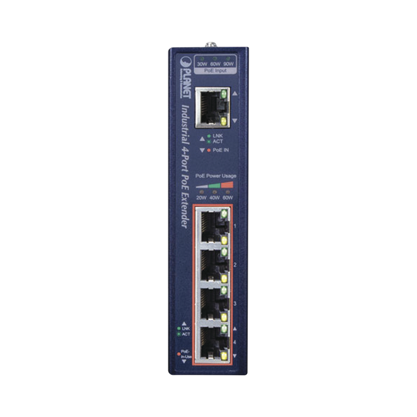 Extensor Industrial PoE, Entrada PoE 802.3 bt  y 4 Puertos de Salida Gigabit 802.3 af/at