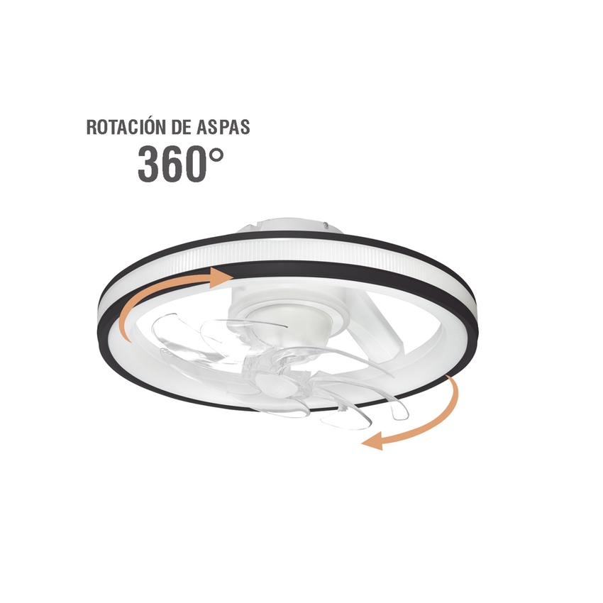 Ventilador de Techo con Luminario LED de  110 V CA 50/60 Hz /  88 W /4500 Lm / 6500 - 4 000 - 2 700 K /3 Tonos de Luz / 501 mm / 6 Velocidades / Dimeable / Color Blanco y Negro.