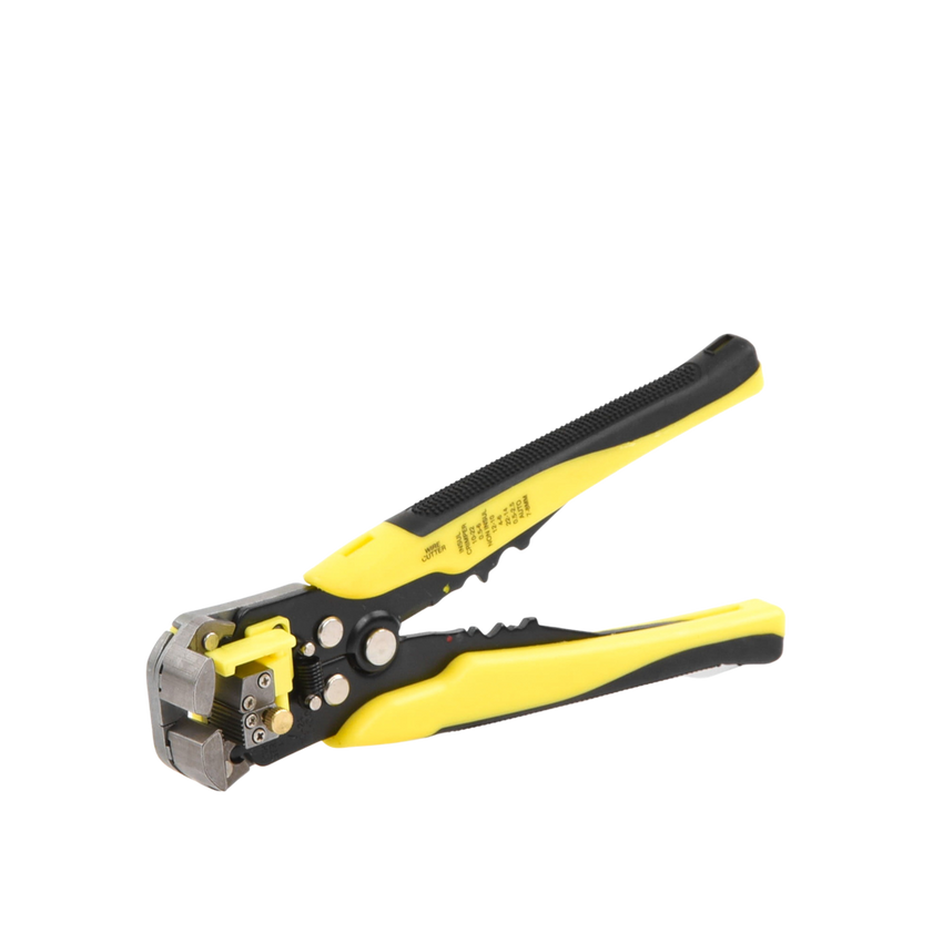 Pinza multifuncional Pelacables, con terminal de pestaña, prensado automático de color amarillo.