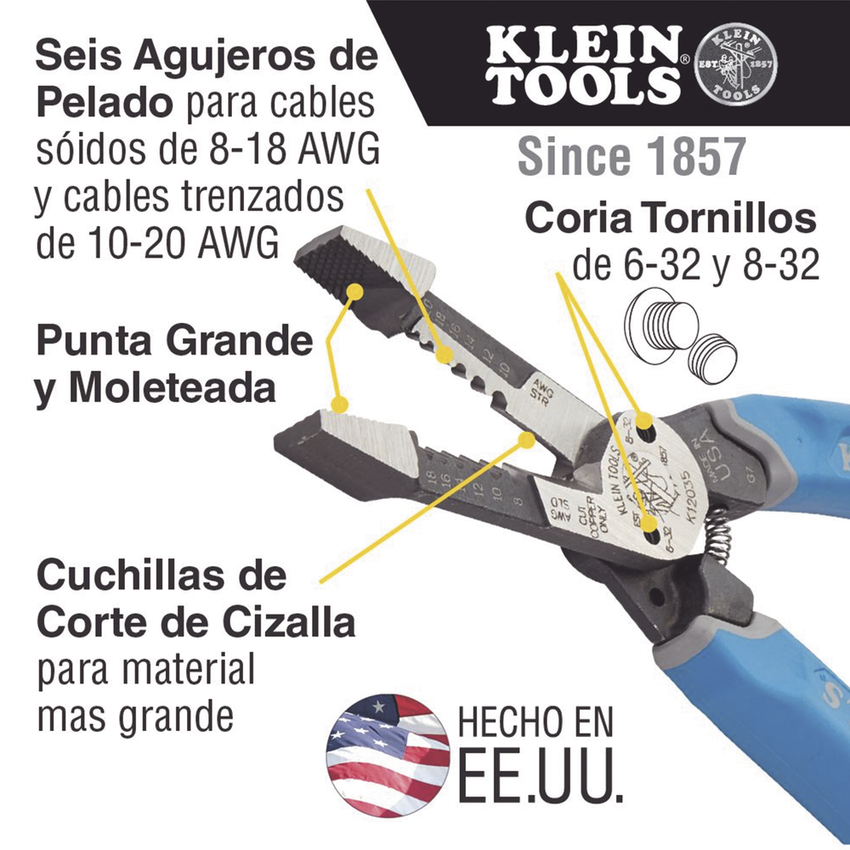 Pelacables con Corte por Cizalla para Cable Sólido 8-18 y Cable Trenzado 10-20 AWG.