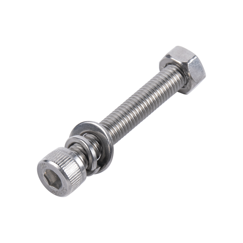 Tornillo Allen Milimétrico de Acero Inoxidable  M8-1.25 x 50/ Incluye Tuerca, Arandela Plana y Arandela Presión / Para Montajes de Módulos Solares / Bolsa con 6 piezas.