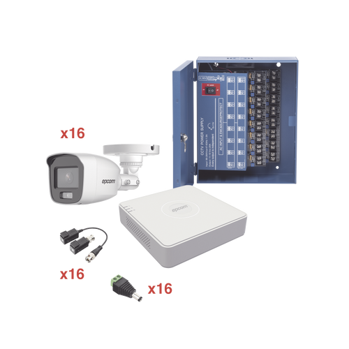 Kit TurboHD 1080p Lite / DVR 16 Canales / 16 Cámaras Bala Exterior ( 2.8mm) con ColorVu + Micrófono Integado / Transceptores / Conectores / Fuente de Poder Profesional