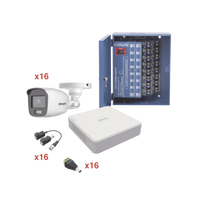 Kit TurboHD 1080p Lite / DVR 16 Canales / 16 Cámaras Bala Exterior ( 2.8mm) con ColorVu + Micrófono Integado / Transceptores / Conectores / Fuente de Poder Profesional