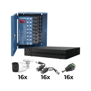 KIT TurboHD 1080p / DVR 16 Canales / 16 Cámaras Bala Policarbonato con Microfono (exterior 2.8 mm) / Transceptores / Conectores / Fuente de Poder Profesional