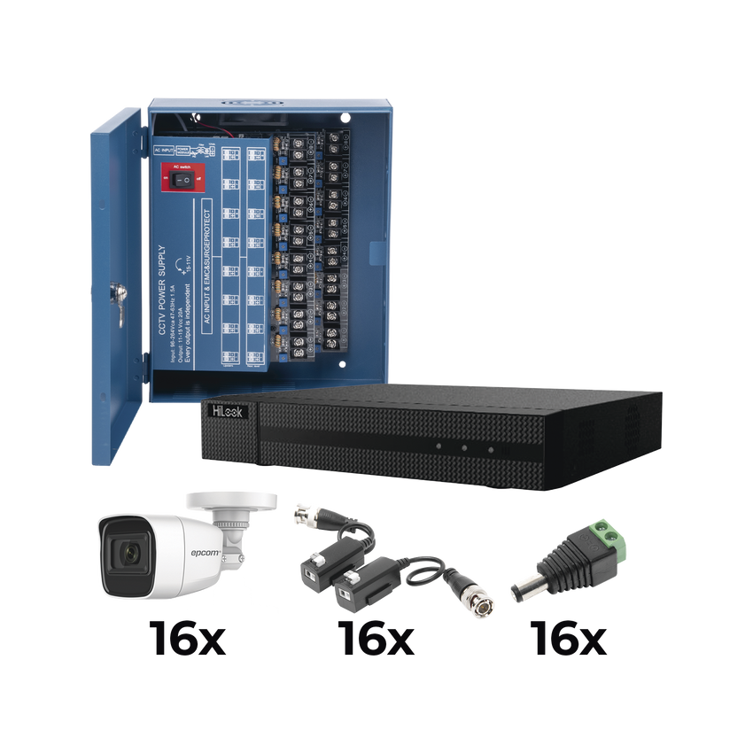 KIT TurboHD 1080p / DVR 16 Canales / 16 Cámaras Bala Policarbonato con Microfono (exterior 2.8 mm) / Transceptores / Conectores / Fuente de Poder Profesional