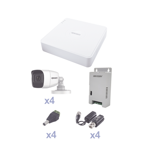 KIT TurboHD con Audio 1080p / DVR 4 Canales / 4 Cámaras Bala (exterior 2.8 mm) / Transceptores / Conectores / Fuente de Poder / AUDIO POR COAXITRON