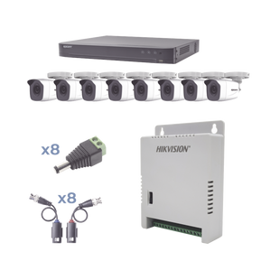 KIT TurboHD 1080p / DVR 8 Canales / 8 Cámaras Bala (exterior 2.8 mm) / Transceptores / Conectores / Fuente de Poder Profesional hasta 15 Vcc para Larga Distancias