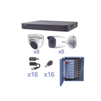 KIT TurboHD 1080p / DVR 16 Canales / 8 Cámaras Bala (exterior 2.8 mm) / 8 Cámaras Eyeball (exterior 2.8 mm) / Transceptores / Conectores / Fuente de Poder Profesional