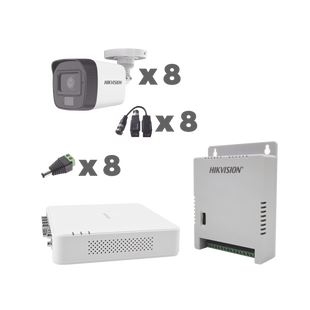 KIT TurboHD 1080p / DVR 8 Canales con audio por coaxitron / 8 Cámaras con Micrófono Integrado 101° Visión/  luz blanca + IR visión nocturna  / Transceptores / Conectores / Fuente de Poder Profesional