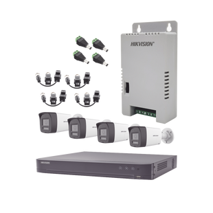 Kit Audio Bidireccional TurboHD 4K-3K / DVR 4 Canales 4K / 4 Cámaras Bala (Exterior) con Bocina y Microfóno Integrado 3K / 1 Fuentes de Poder / Accesorios