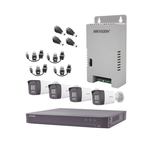 Kit Audio Bidireccional TurboHD 4K-3K / DVR 4 Canales 4K / 4 Cámaras Bala (Exterior) con Bocina y Microfóno Integrado 3K / 1 Fuentes de Poder / Accesorios