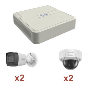 Kit IP 1080p (2 Megapixel) / NVR de 4 Canales con 4 Puertos PoE / 2 Cámaras IP Bala para Exterior / 2 Cámaras IP Domo para Exterior