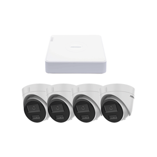 Kit IP 1080p (2 Megapixel) / NVR de 4 Canales con 4 Puertos PoE / 4 Cámaras IP Turret con Micrófono Integrado / ColorVu y ACUSENSE Lite