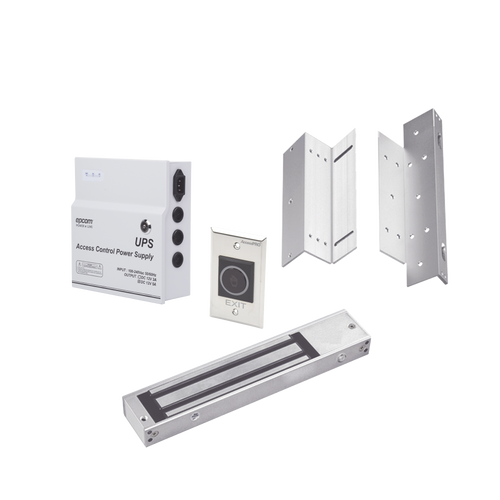 Kit para control de acceso incluye Fuente de 12VCD con respaldo de batería/ Chapa magnética de 600Lbs / Montajes L y Z / Botón de salida