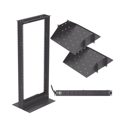 Kit de Rack Estándar 19", 24 UR con 2 Charolas  y PDU (8 tomas). Ideal para UPS y Servidores tipo Torre.
