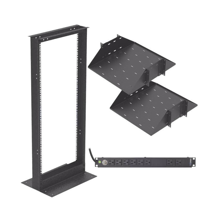 Kit de Rack Estándar 19", 24 UR con 2 Charolas  y PDU (8 tomas). Ideal para UPS y Servidores tipo Torre.