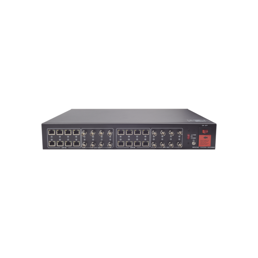 Kit de TRANSCEPTOR ACTIVO DE 16 Canales / VIDEO+PODER en un solo Cable UTP / 150m en 4K, 200m en 5 MP/ Envía 36 Vcc y recibe 12 Vcc / TODO INCLUIDO PARA RACK / Compatible con cámaras HD-TVI/CVI/AHD/CVBS / Instalación Limpia