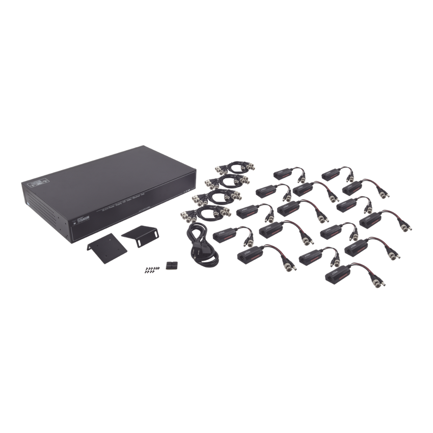Kit de TRANSCEPTOR ACTIVO DE 16 Canales / VIDEO+PODER en un solo Cable UTP / 150m en 4K, 200m en 5 MP/ Envía 36 Vcc y recibe 12 Vcc / TODO INCLUIDO PARA RACK / Compatible con cámaras HD-TVI/CVI/AHD/CVBS / Instalación Limpia