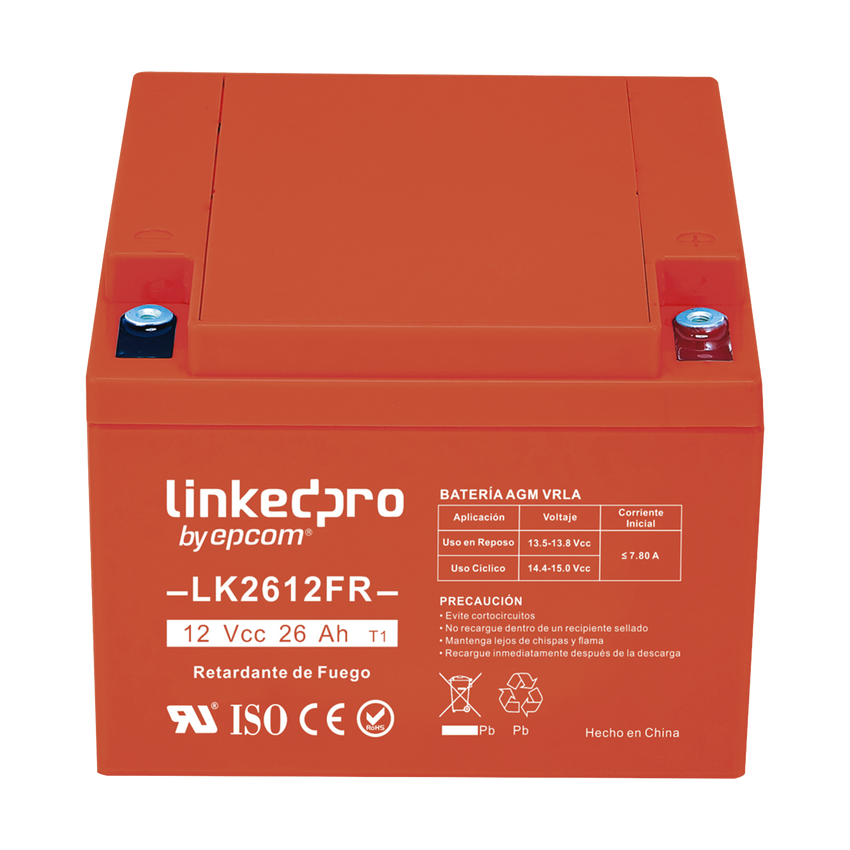 Batería 12 V / 26 Ah / UL / Tecnología AGM-VRLA / Vida útil promedio de 5 años / Retardante a la Flama / Para uso en equipo electrónico, Alarmas de Intrusión / Incendio/ Control de acceso / Video Vigilancia / Term