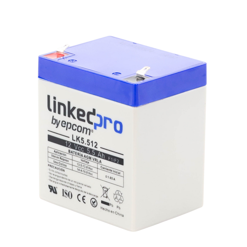 Batería de respaldo 12 V  |  5.5 Ah  |  AGM | Especial para Seguridad Electrónica | UPS | Sistemas de Emergencia  | Vida útil 5 años | Terminales F1  + Adaptador F2