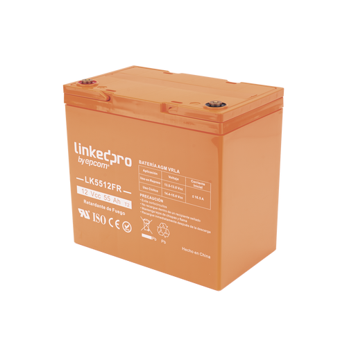 Batería de respaldo  12 V | 55 Ah | AGM | Certificada UL94-V0 Retardante a la Flama | Especial para Seguridad Electrónica | UPS  | Sistemas de emergencia | Vida útil 5 años | Terminales T2