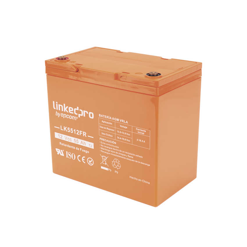 Batería de respaldo  12 V | 55 Ah | AGM | Certificada UL94-V0 Retardante a la Flama | Especial para Seguridad Electrónica | UPS  | Sistemas de emergencia | Vida útil 5 años | Terminales T2