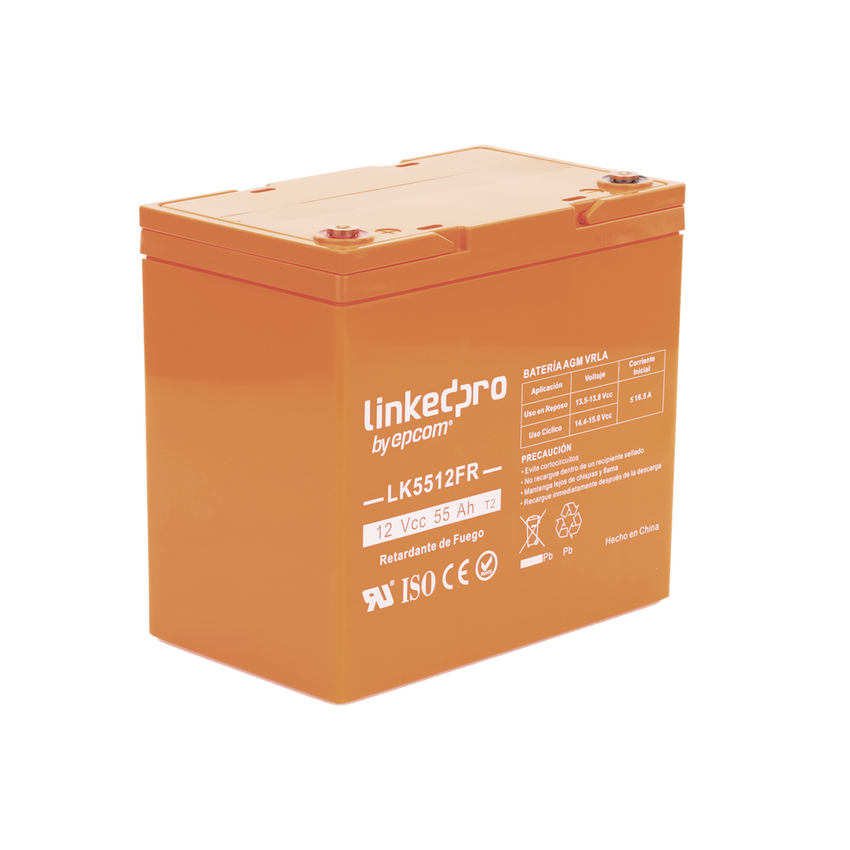 Batería de respaldo  12 V | 55 Ah | AGM | Certificada UL94-V0 Retardante a la Flama | Especial para Seguridad Electrónica | UPS  | Sistemas de emergencia | Vida útil 5 años | Terminales T2