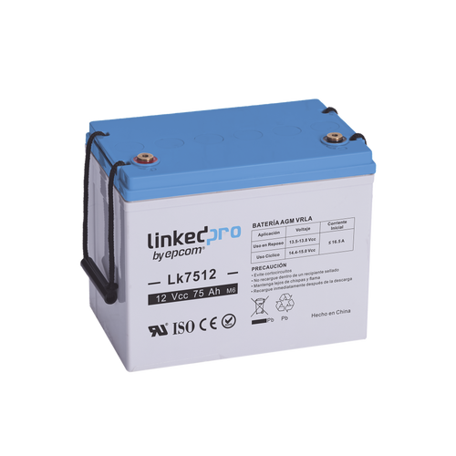 Batería 12 Vcc / 75 Ah / UL / Tecnología AGM-VRLA / Vida útil promedio de 5 años / Para uso en equipo electrónico / Sistemas de emergencia y aplicaciones fotovoltaicas Terminales T3