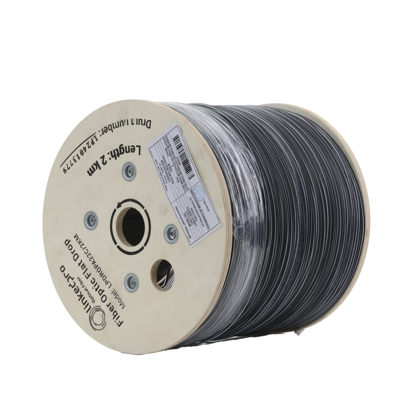 Carrete de 2 km de Fibra Óptica Drop Plana, Interior/Exterior G.657A2 Monomodo de 2 Hilos (Bifibra), Dieléctrica, Forro Negro, (No Soporta Conectores Mecánicos)