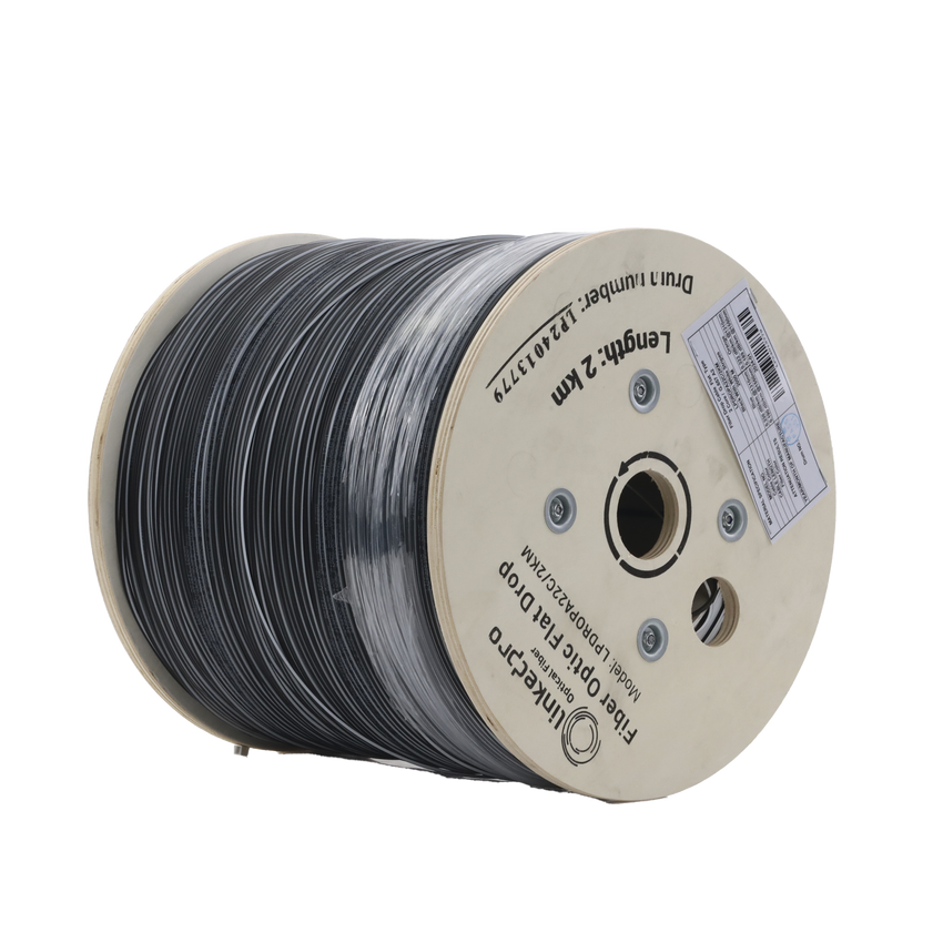 Carrete de 2 km de Fibra Óptica Drop Plana, Interior/Exterior G.657A2 Monomodo de 2 hilos (bifibra), Dieléctrica, Forro Negro,  (No Soporta Conectores Mecánicos)