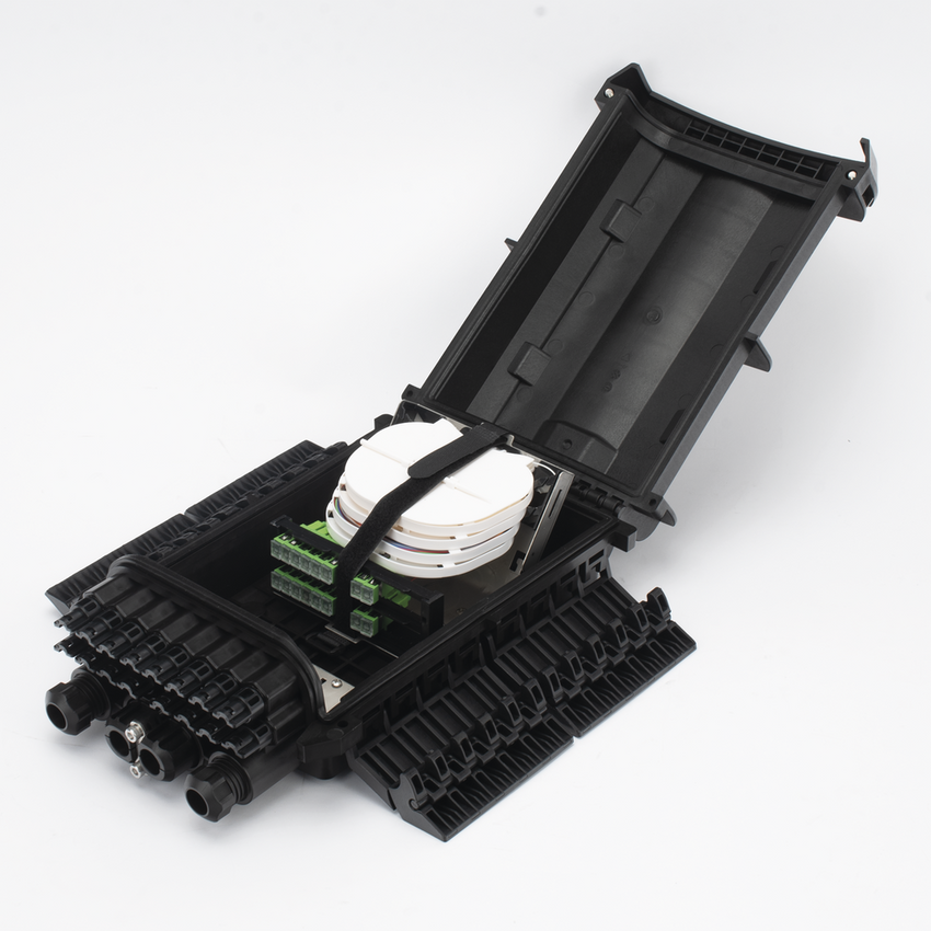 Caja de Distribución de Fibra Óptica para 24 Empalmes con 16 Acopladores SC/APC. Enterrado Directo, IP68, Splitter 1x16 Incluido con Conectores SC/APC