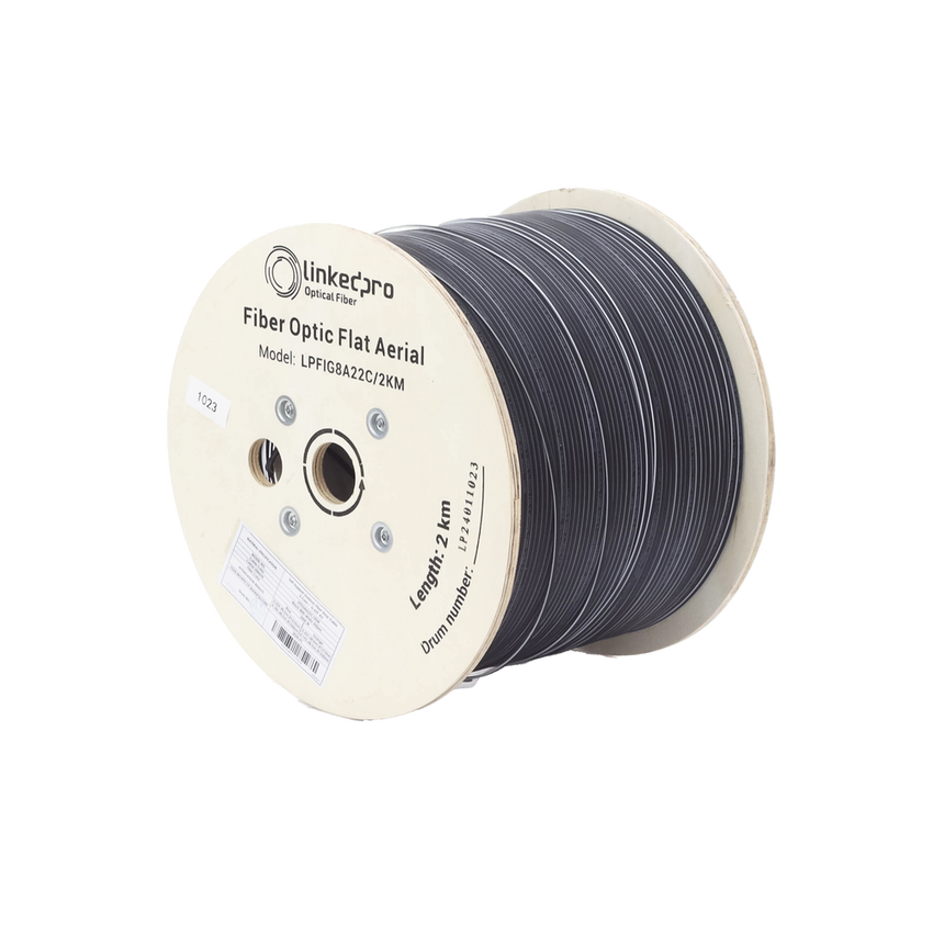 Carrete de 2 Kilómetros (6561.68 Pies) de Fibra Óptica Aérea Mini Figura 8 G.657A2 Tipo Drop Plana, Monomodo de 2 Hilos (Bifibra), Color Negro, (No Soporta Conectores Mecánicos)