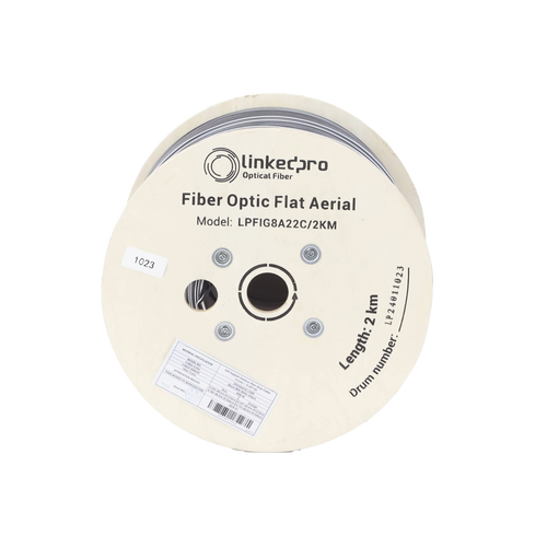 Carrete de 2 km de Fibra Óptica Aérea Mini Figura 8 G.657A2 tipo Drop Plana, Monomodo de 2 Hilos (bifibra), Color Negro,  (No Soporta Conectores Mecánicos)