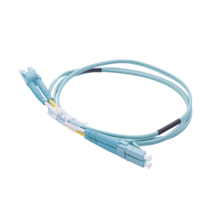 Jumper de Fibra Óptica Multimodo OM4 50/125 LC-LC OFNR (Riser), 2.0 mm, Dúplex, Aqua, 1 metro