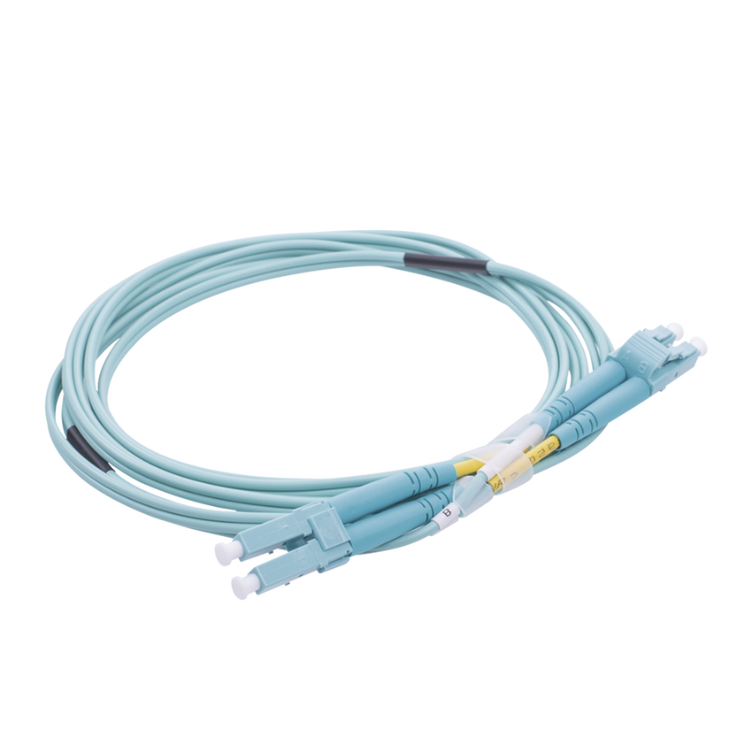Jumper de Fibra Óptica Multimodo OM4 50/125 LC-LC OFNR (Riser), 2.0 mm, Dúplex, Aqua, 2 Metros (6.56 Pies)