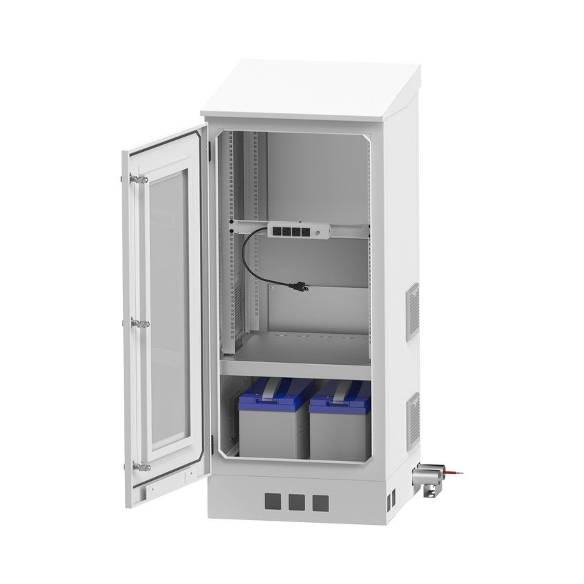 Gabinete de Piso para Exterior con Ventiladores y Termostato con Rack de 19" de 16 U + Espacio para Baterías, Se envía el Gabinete Armado.