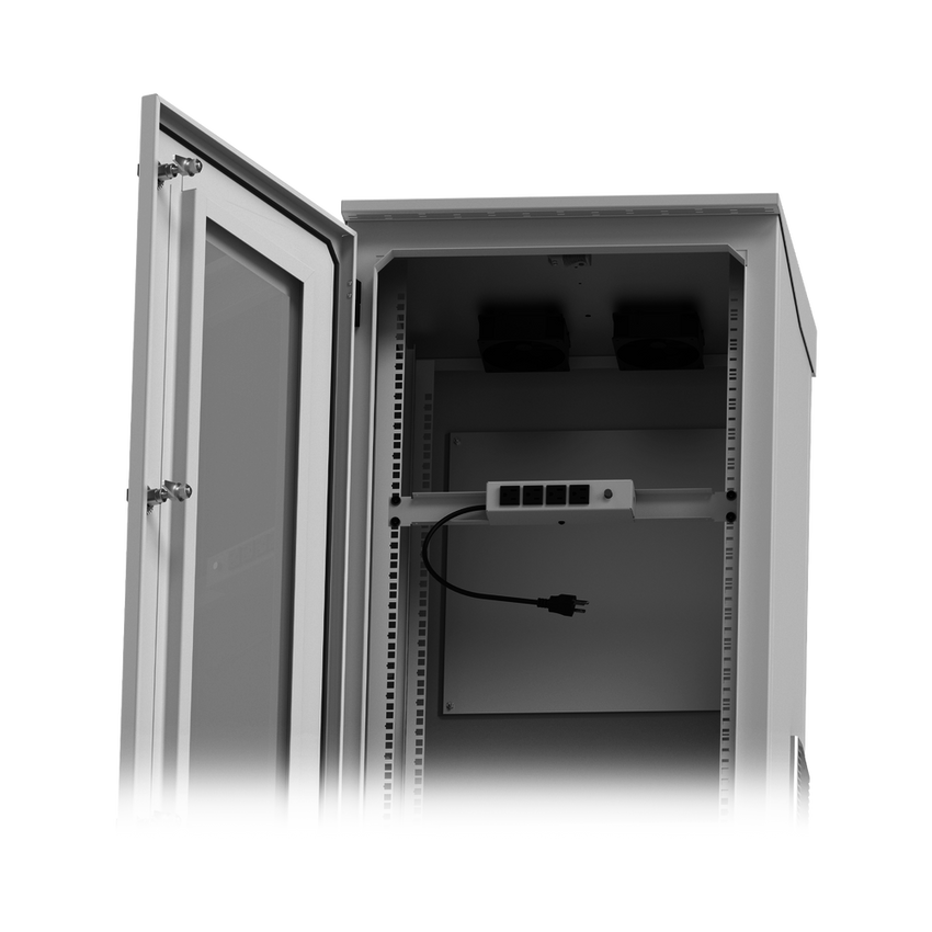 Gabinete de Piso para Exterior con Ventiladores y Termostato con Rack de 19" de 16 U + Espacio para Baterías, Se envía el Gabinete Armado.